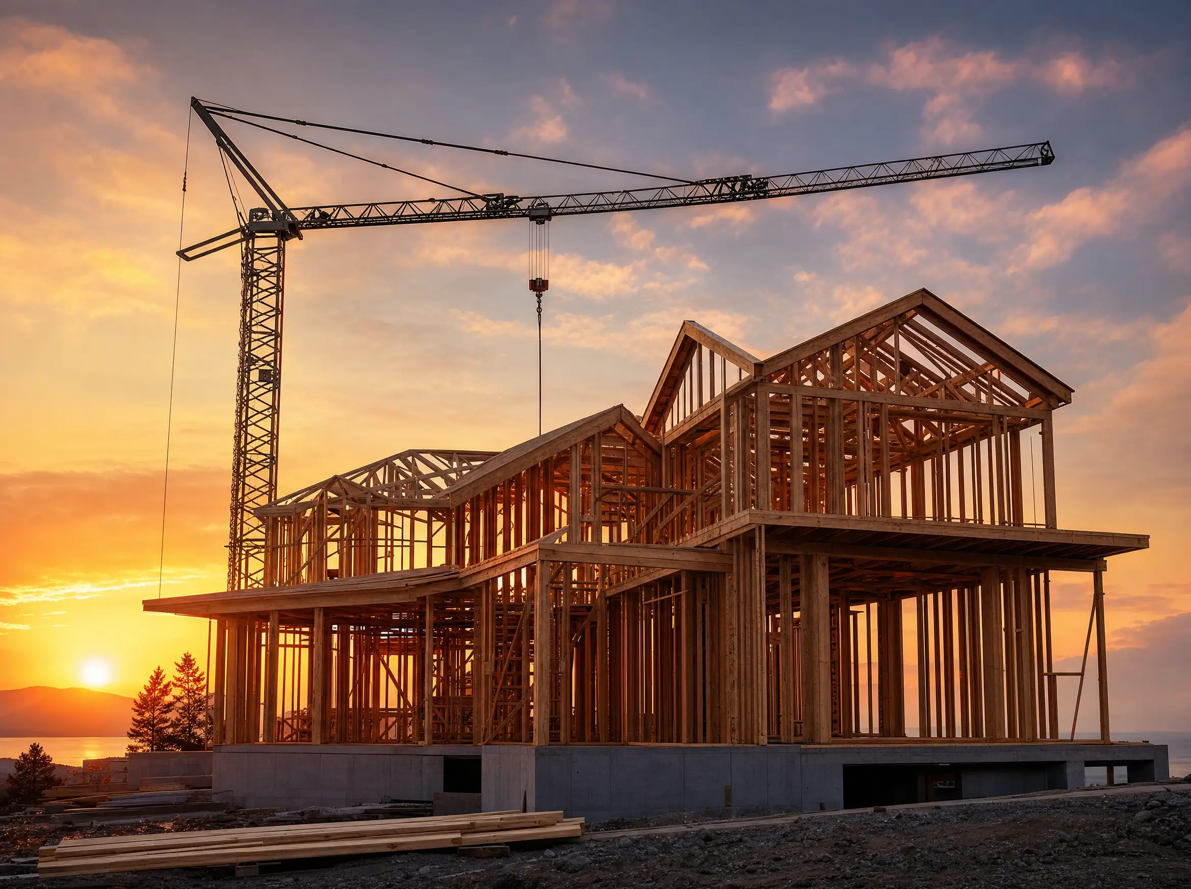 A custom home under construction at golden hour