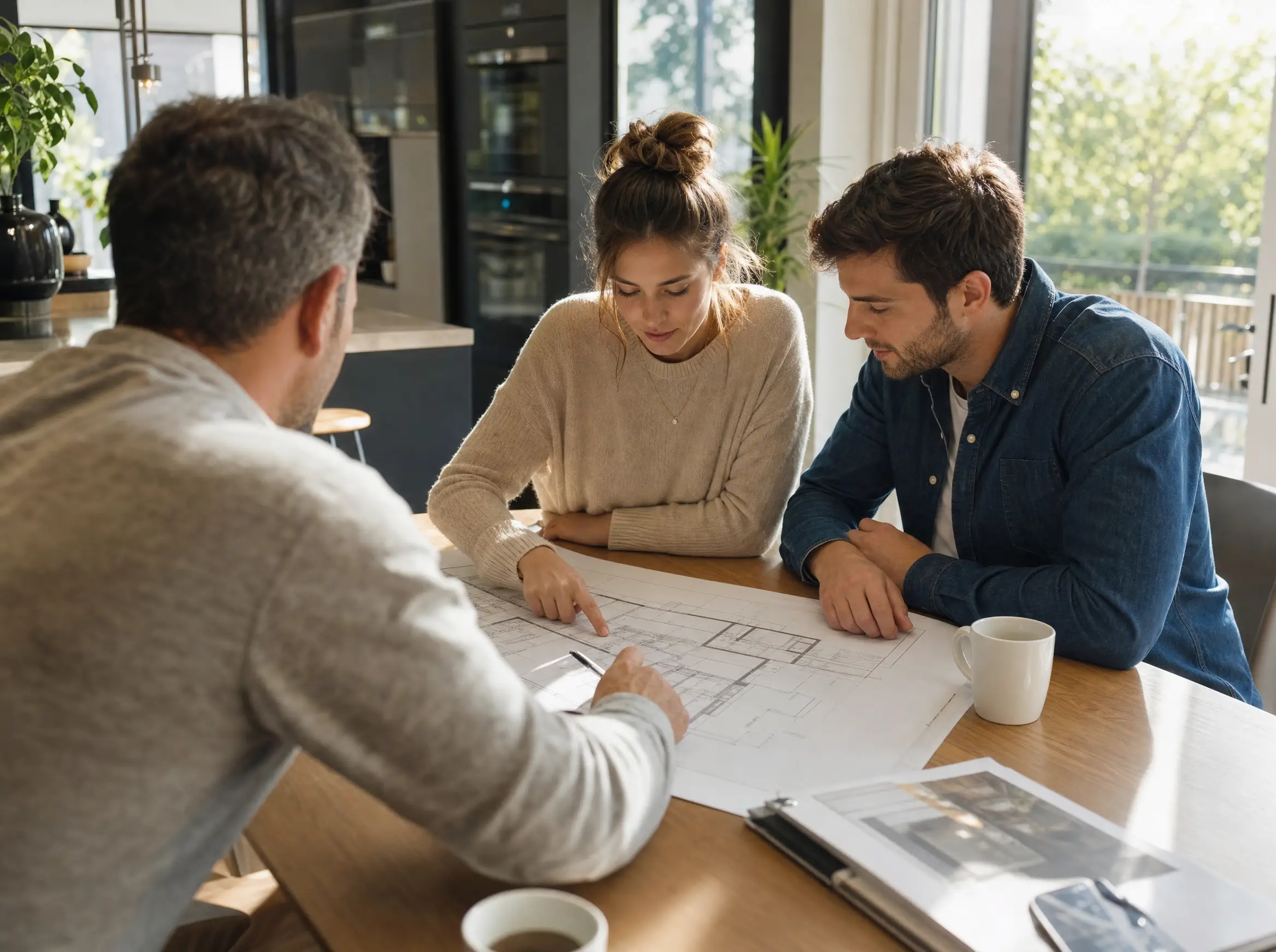Reviewing blueprints with clients at a consultation