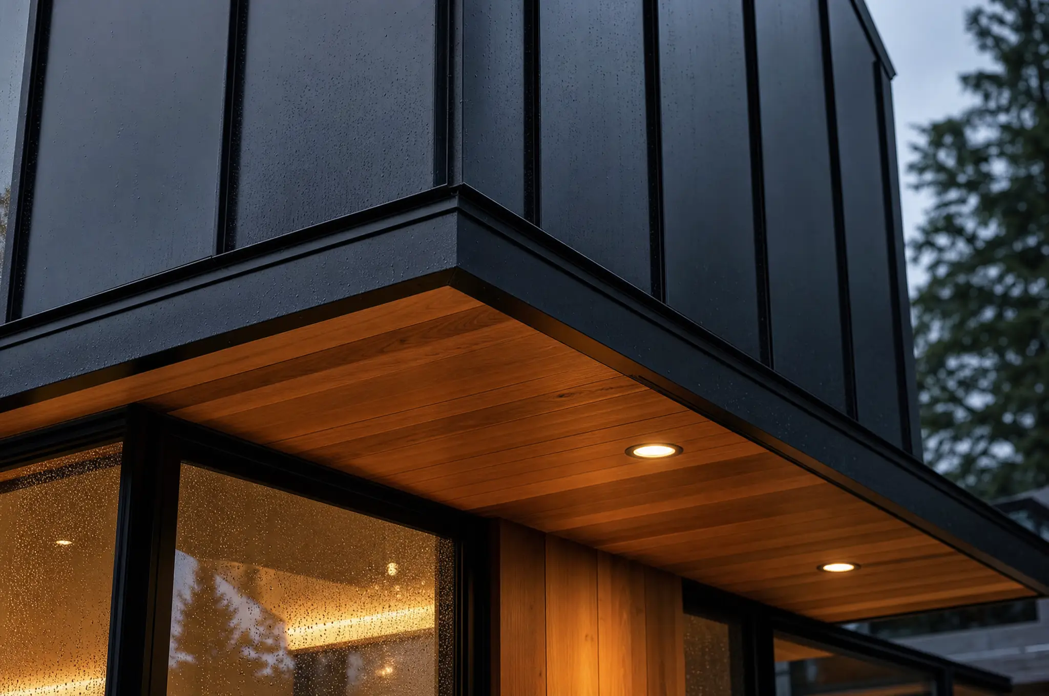 Cedar and steel detail on a Dhinjal home at dusk