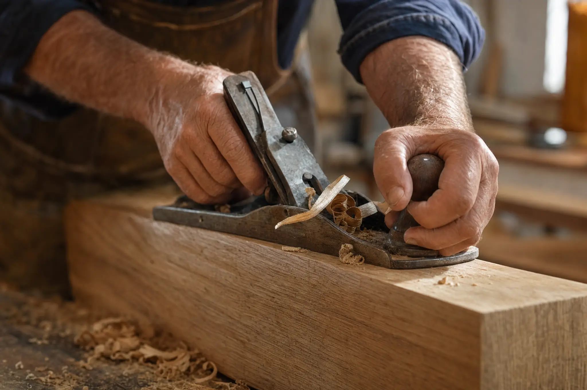 A craftsman hand-planing white oak