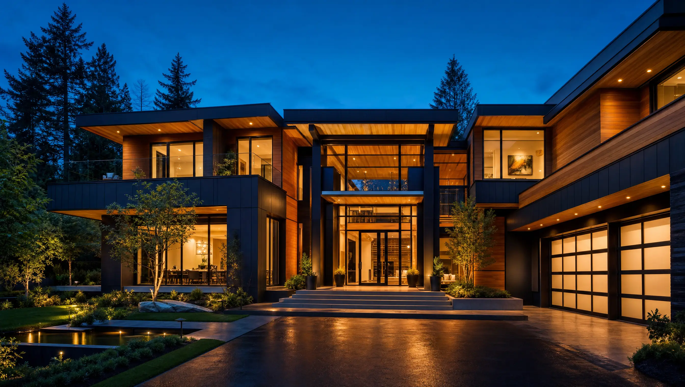 A luxury modern custom home illuminated at twilight