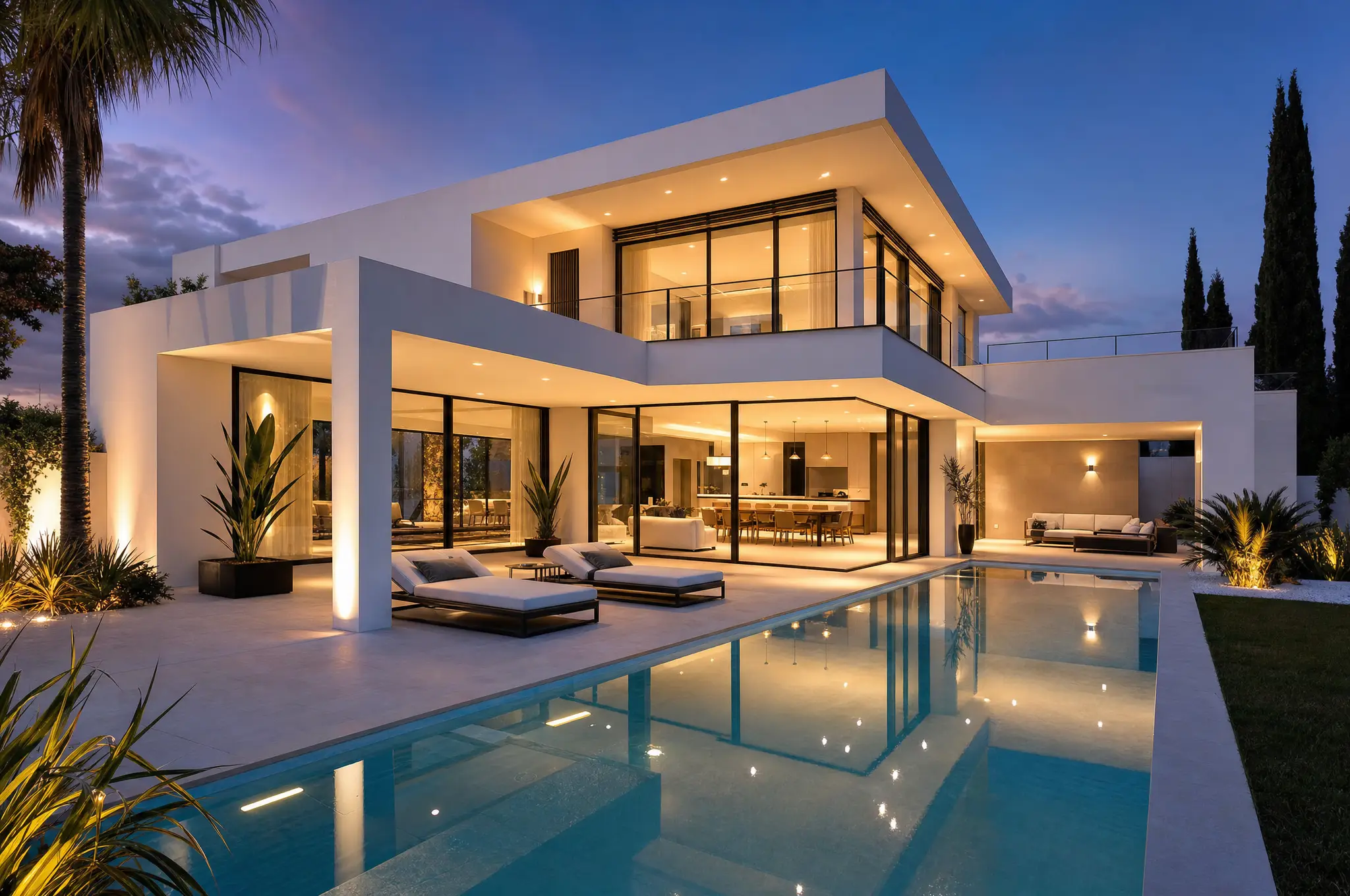A completed Dhinjal custom home with a resort pool