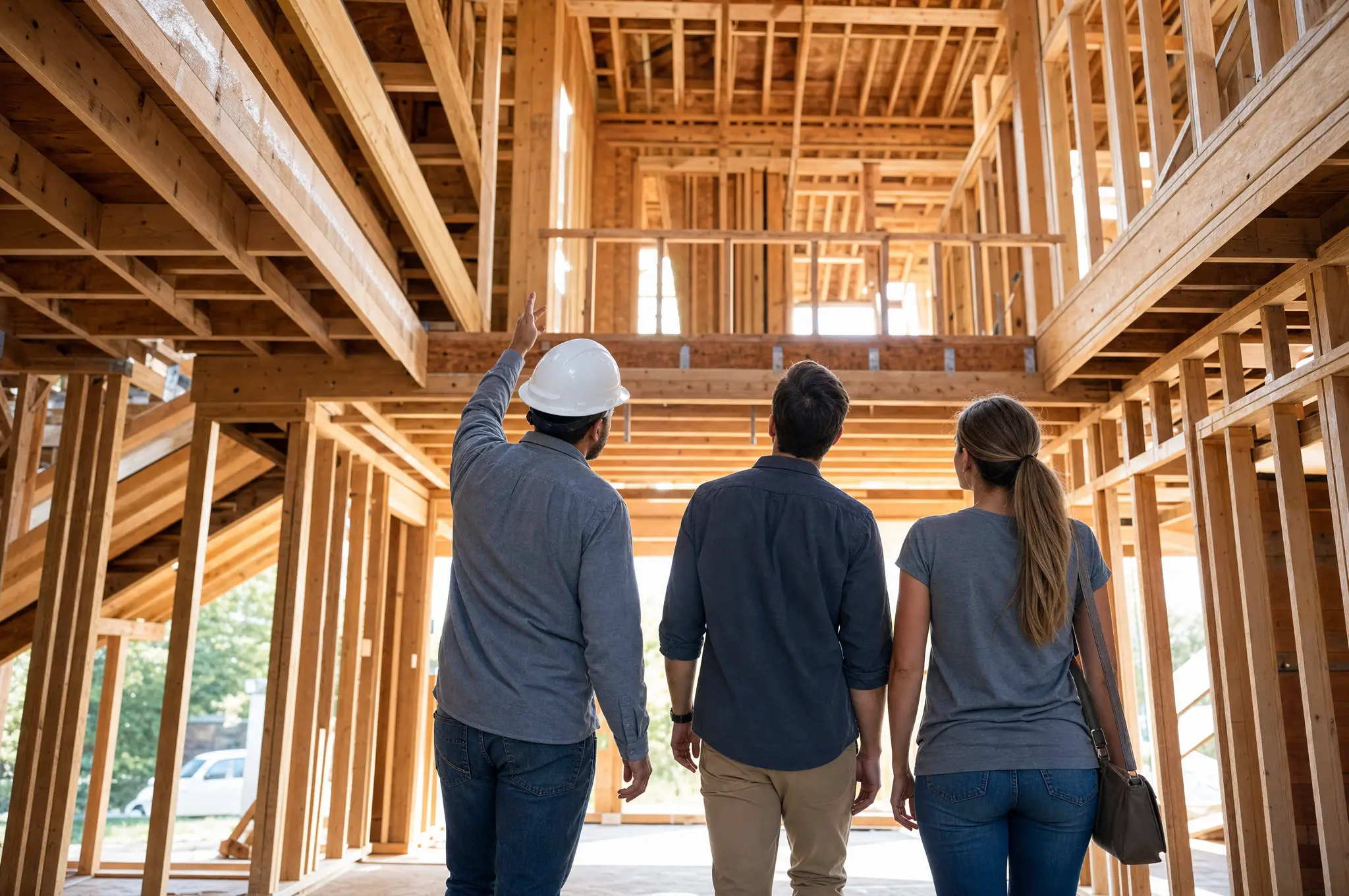 A builder walking clients through a framed home